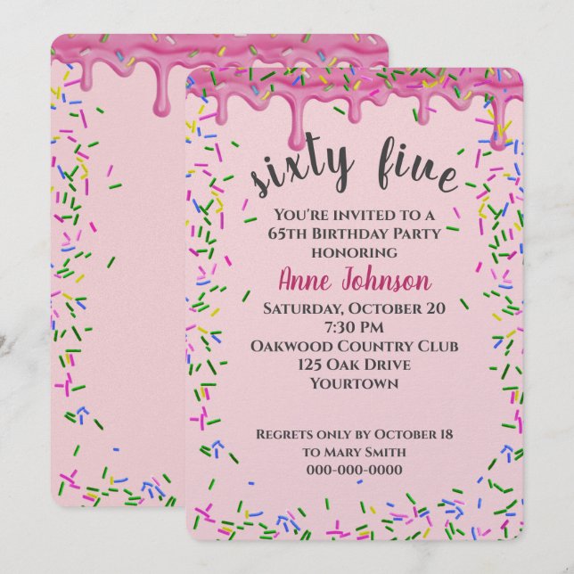 Invitation 65e Anniversaire Pink Icing Et Sprinkles (Devant / Derrière)