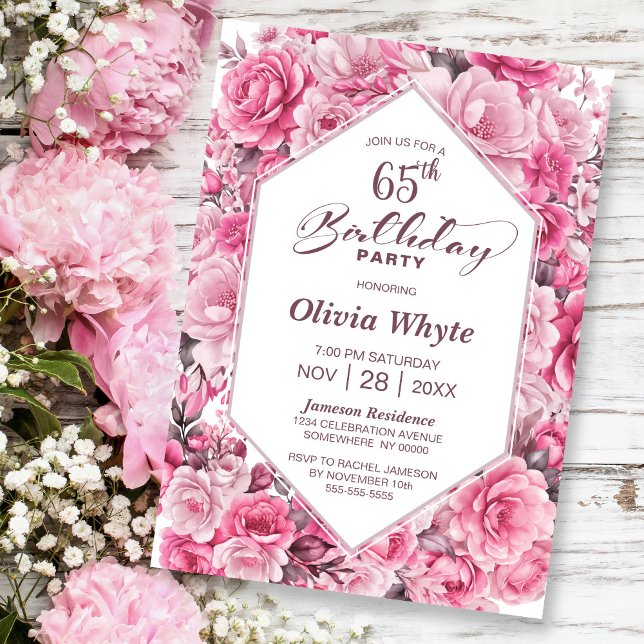 Invitation 65e anniversaire Rose Rose Floral Party (Créateur téléchargé)