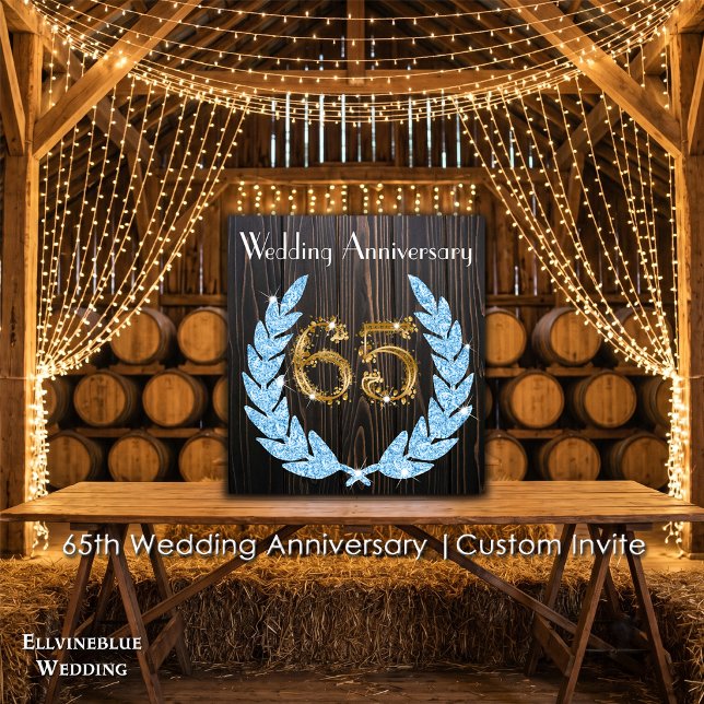 Invitation 65e anniversaire | Saphir, bois rustique et or (65th Wedding Anniversary Invite | Rustic Wood & Blue Sapphire Laurel. Size: 5.25” x 5.25”)