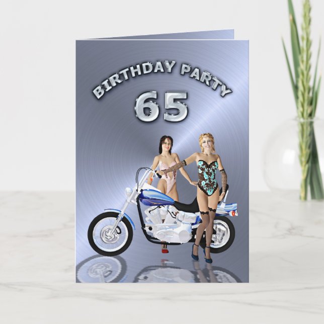 Invitation 65e fête d'anniversaire avec une fille et moto (Devant)