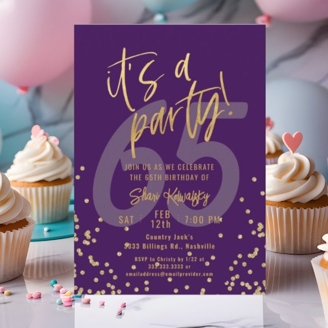 Invitation 65e fête d'anniversaire Violet et Or Fun (Créateur téléchargé)