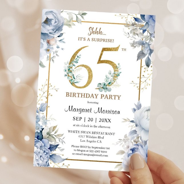 Invitation 65th Birthday Party Elegant Dusty Blue Floral (Créateur téléchargé)