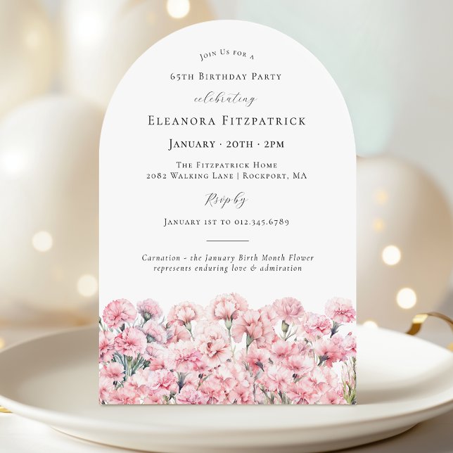 Invitation 65th Birthday Pink Carnation January Birth Flower (Créateur téléchargé)
