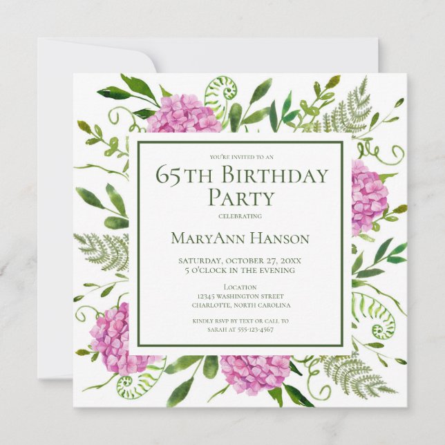 Invitation 65th Birthday Pink Hydrangeas Card Request  (Devant)