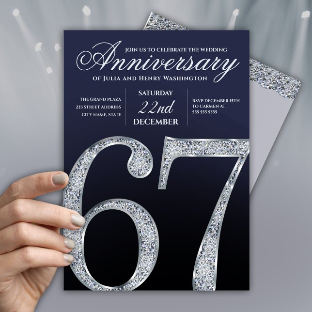 Invitation 67e Anniversaire Diamant Argent Bleu Marine Modern (Créateur téléchargé)