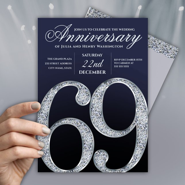 Invitation 69e Anniversaire Diamant Argent Marine Bleu Modern (Créateur téléchargé)