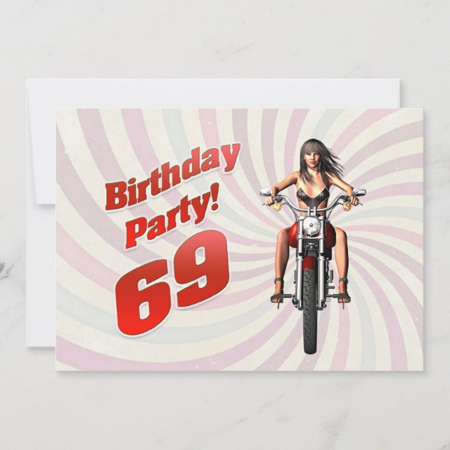 Invitation 69ème anniversaire avec une fille sur une moto (Devant)