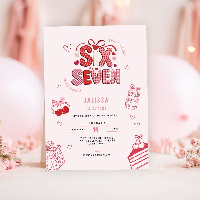 Invitation 6 7 Birthday for Girls, Pink 7th Kids Party  (pink 6 7 kids girl's birthday party invitation)