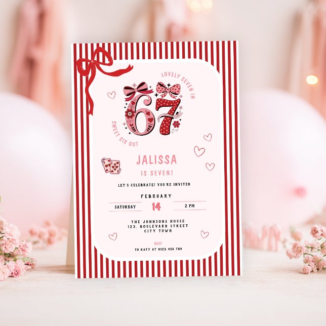 Invitation 6 7 Birthday for Girls, Pink Kids 7th Birthday (pink 6 7 kids girl's birthday party invitation)