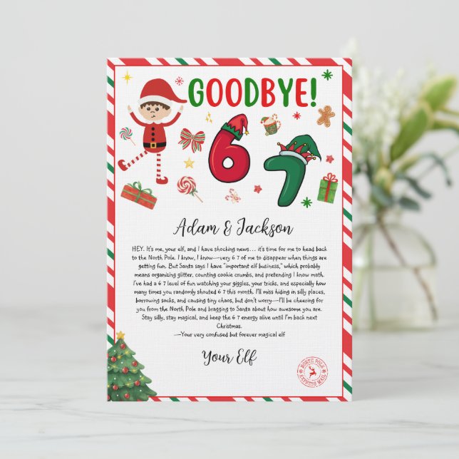 Invitation 6 7 elf goodbye letter - funny elf letter - 67  (Debout devant)