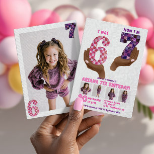 Invitation 6 7 Mème Anniversaire Enfants Rose Violet Damier