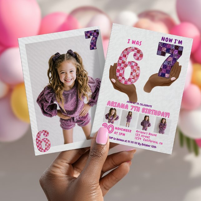 Invitation 6 7 Mème Anniversaire Enfants Rose Violet Damier (6 7 Meme Retro Pink Purple Checker Kids Birthday Invitation)