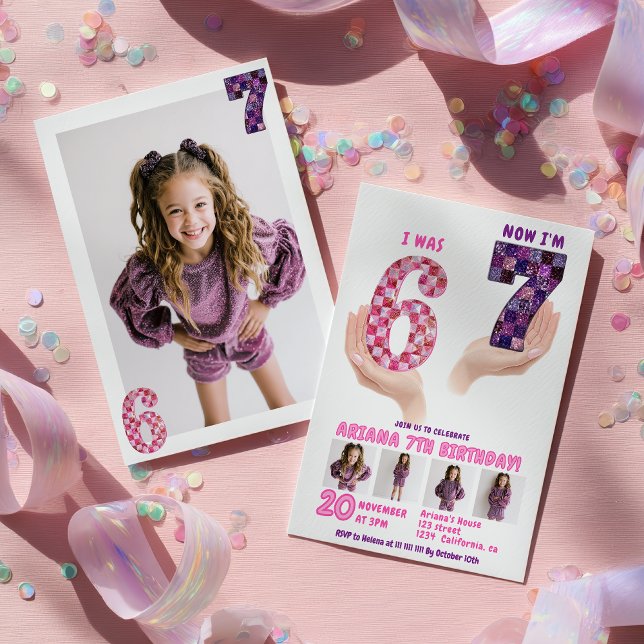 Invitation 6 7 Mème Anniversaire Enfants Rose Violet Damier (6 7 Meme Retro Pink Purple Checker Kids Birthday Invitation)