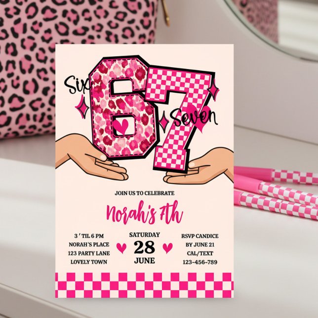 Invitation 6 7 Meme Varsity Leopard Checkerboard Girl's Party (Varsity 6 7 numbers in hands meme with checkerboard and leopard print )