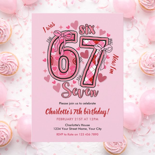 Invitation 6 7 Six Seven Meme Trend Pink Girls 7th Birthday (Créateur téléchargé)