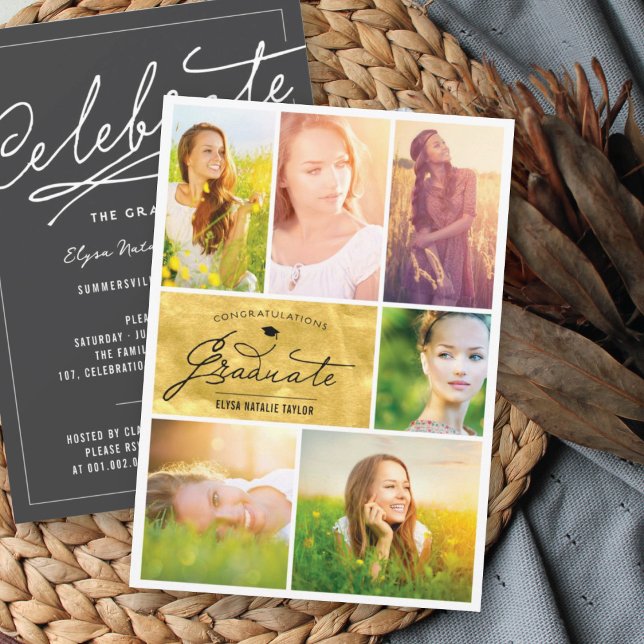 Invitation 6 Collage de photos doré à la feuille tendance pou (Créateur téléchargé)