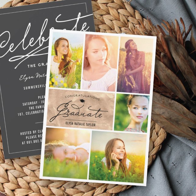 Invitation 6 Collage photo Feuille de bronze Chic Fête de rem (Créateur téléchargé)