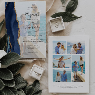 Invitation 6-Photo Bleu Marine Agate Dorée Mariage