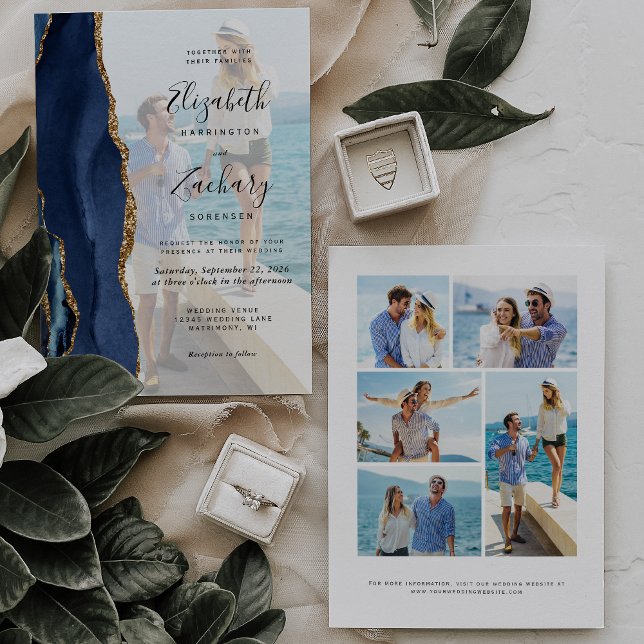 Invitation 6-Photo Bleu Marine Agate Dorée Mariage (Créateur téléchargé)