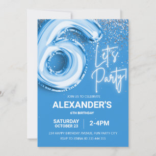 Invitation 6e anniversaire Ballons Boy Blue Neon