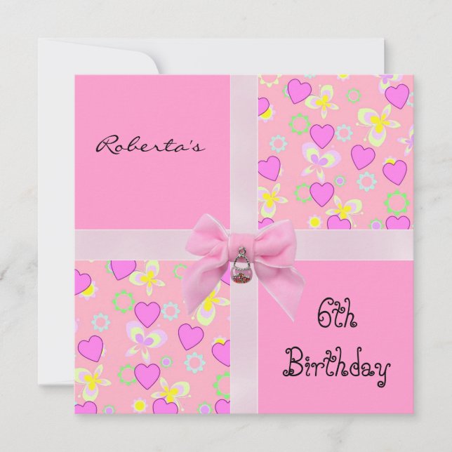 Invitation 6e anniversaire coeurs roses ruban fill (Devant)