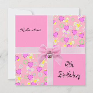 Invitation 6e anniversaire Cœurs roses ruban fille