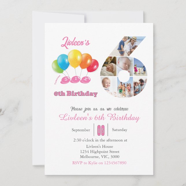 Invitation 6e anniversaire photo collage numéro 6 Fille (Devant)