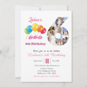 Invitation 6e anniversaire photo collage numéro 6 Fille