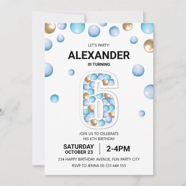 Invitation 6e fête d'anniversaire, Blue and Gold Balloon Boy (Devant)