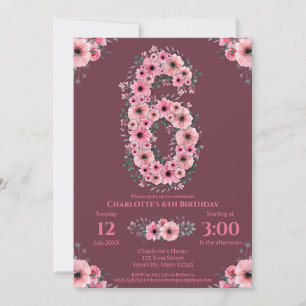 Invitation 6ème Grosse Fille Anniversaire Fleurs roses Lieux