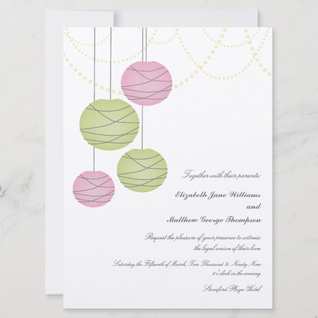 Invitation 6x8 Pink & Green Paper Lanterns Day Wedding Invita (Devant)