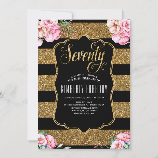 Invitation 70 Anniversaire - Floral Gold Glam (Devant)