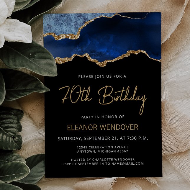Invitation 70 ans Anniversaire Bleu Nuit Agate Dor (Créateur téléchargé)