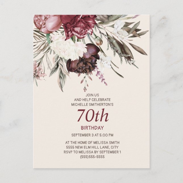 Invitation 70 ans Bourgogne Crème Florale Ivoire (Devant)
