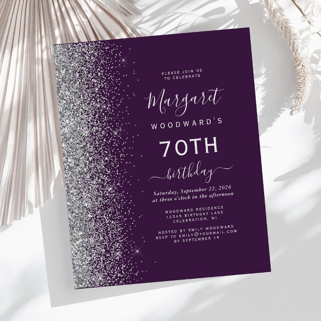 Invitation 70 ans Budget Violet Argent Pailleté (Créateur téléchargé)
