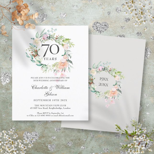 Invitation 70 ans de mariage Budget Roses Garland (Budget Roses Garland 70th Anniversary Invitation)