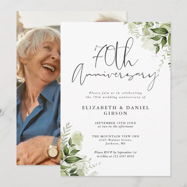 Invitation 70 ans de mariage verdure florale (Devant / Derrière)