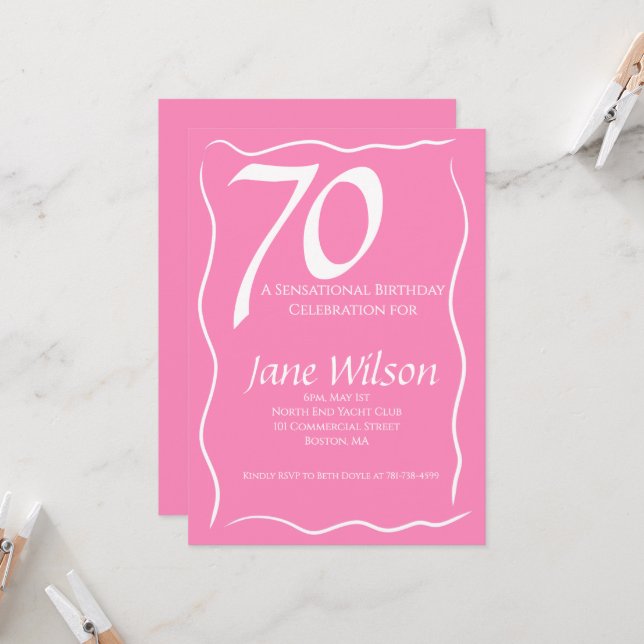 Invitation 70 ans et Sensationnel Anniversaire Rose (Devant/Arrière en situation)