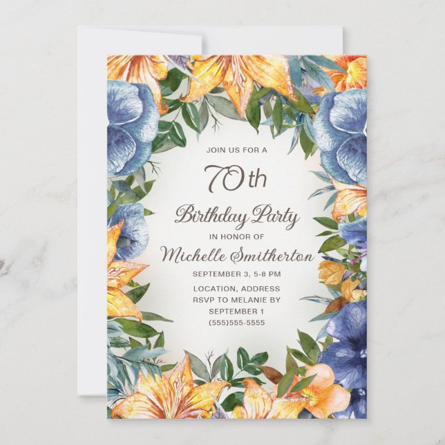 Invitation 70 ans Fleur Bleue Orange (Devant)