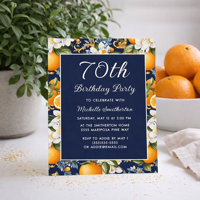 Invitation 70 ans Fleurs Blanches Oranges Bleu Mar (Oranges on navy blue 70th birthday invitation)