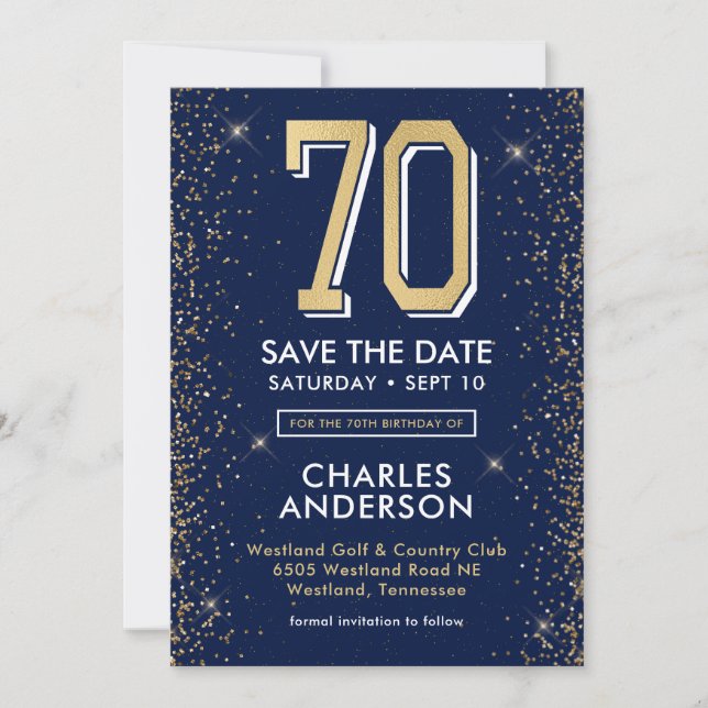 Invitation 70 ans Navy Bleu Moderne  (Devant)