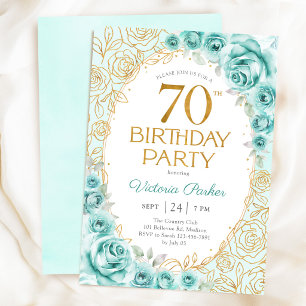 Invitation 70 ans Turquoise Or Floral