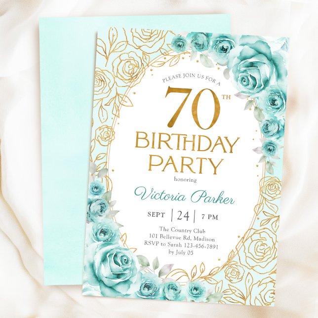 Invitation 70 ans Turquoise Or Floral (Créateur téléchargé)