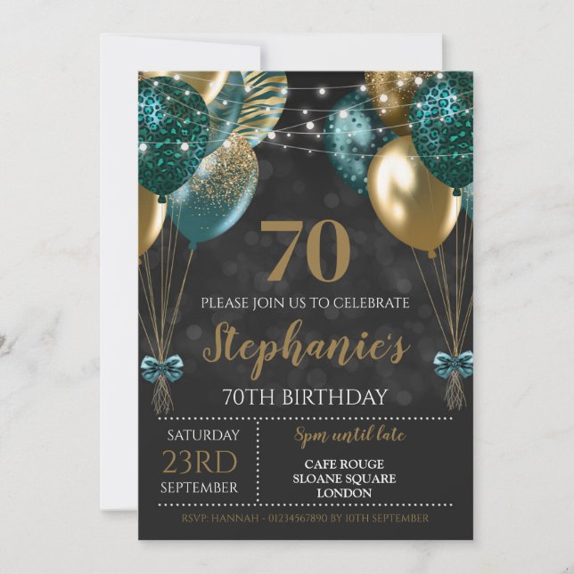 Invitation 70 ans Turquoise Vert Or (Devant)
