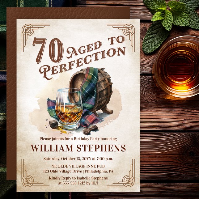 Invitation 70 ans, un scotch vieilli à la perfection pour une (Aged to Perfection 70th Birthday Party Scotch Whiskey Invitation for Men)