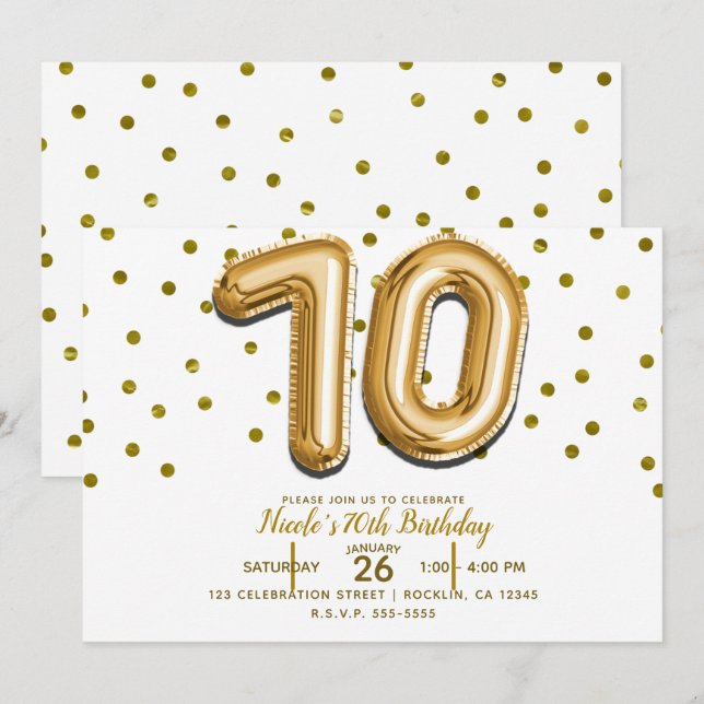 Invitation 70 Ballons Dorés & Confettis Fête d'anniversaire 7 (Devant / Derrière)