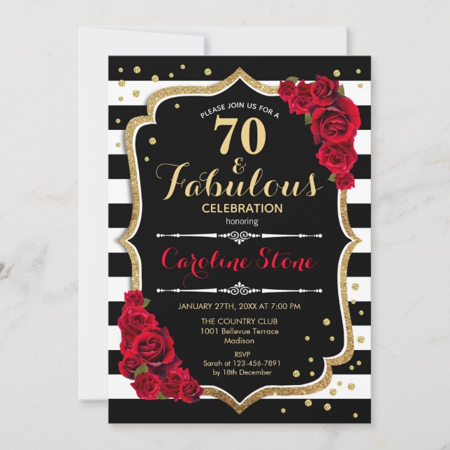 Invitation 70 Fabuleux anniversaire - Rose noir blanc rayures (Devant)