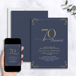 Invitation 70 & Fabuleux Blue & Gold Calligraphy Anniversaire