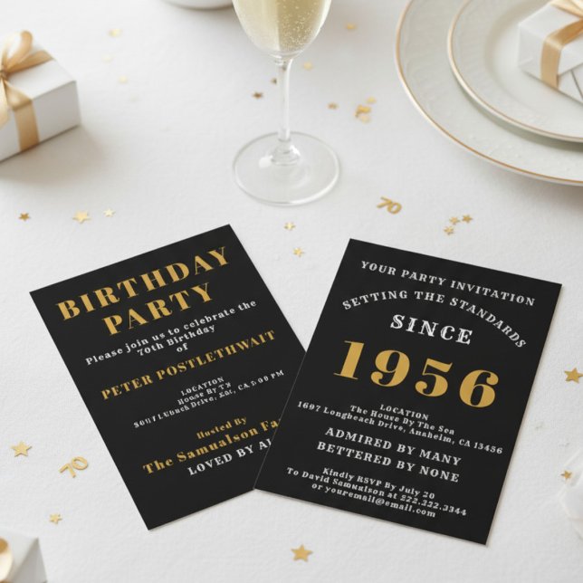 Invitation 70e Anniversaire Ajouter Nom Année Noir Or Pour Lu (1956 invite. White background. )