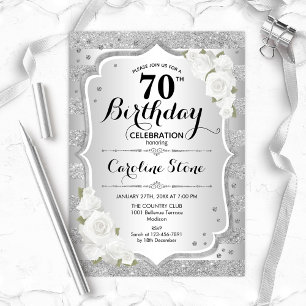 Invitation 70e anniversaire - Argent rayures Roses blanches